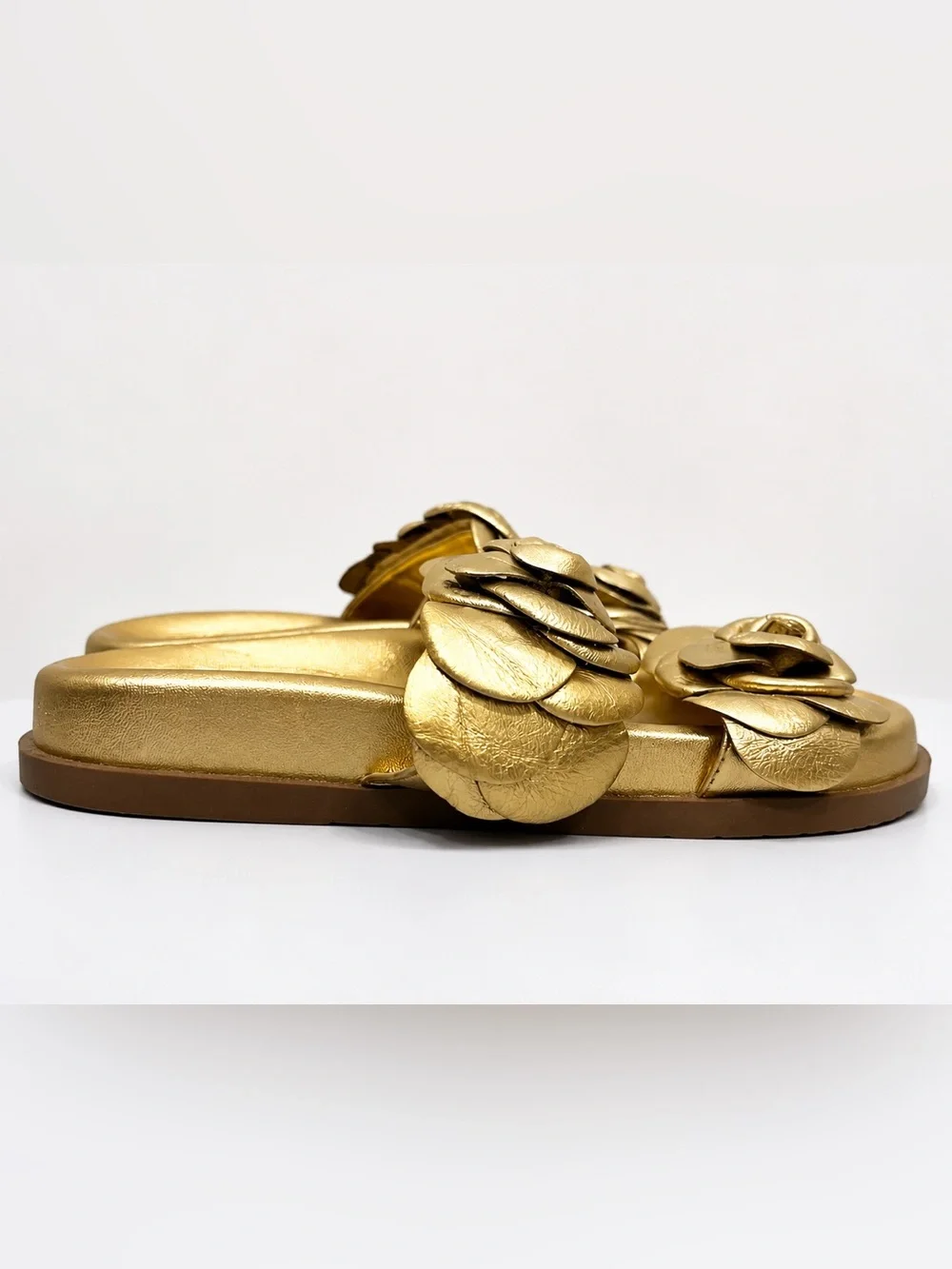 Arezzo Gold Floral Slide Sandals Metallic Rosette Platform Slides Size 6.5